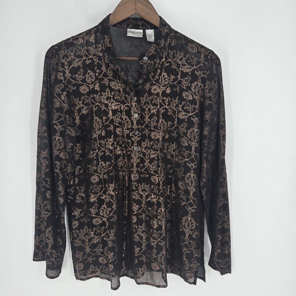 Chicos Silk Blouse US 4 Metallic Damask Semi Sheer Whimsigoth Evening